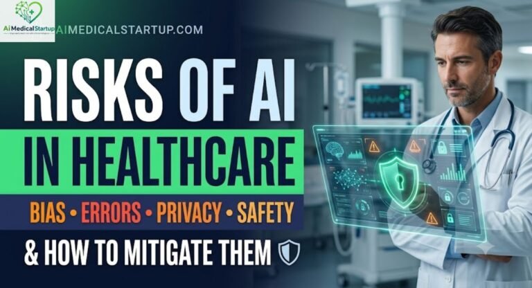 Featured image for Risks of AI in Healthcare blog post on aimedicalstartup.com, showing a doctor looking at a digital AI interface with metrics for bias, errors, privacy, safety, and mitigation.