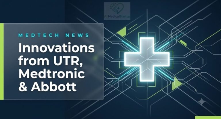 Glass grid interface illustration representing medical technology innovations from UTR, Medtronic, and Abbott on navy and lime green background